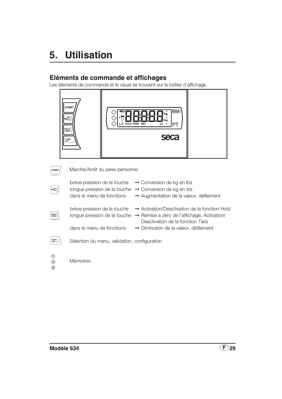 Utilisation, Eléments de commande et affichages | Seca 634 User Manual | Page 29 / 77