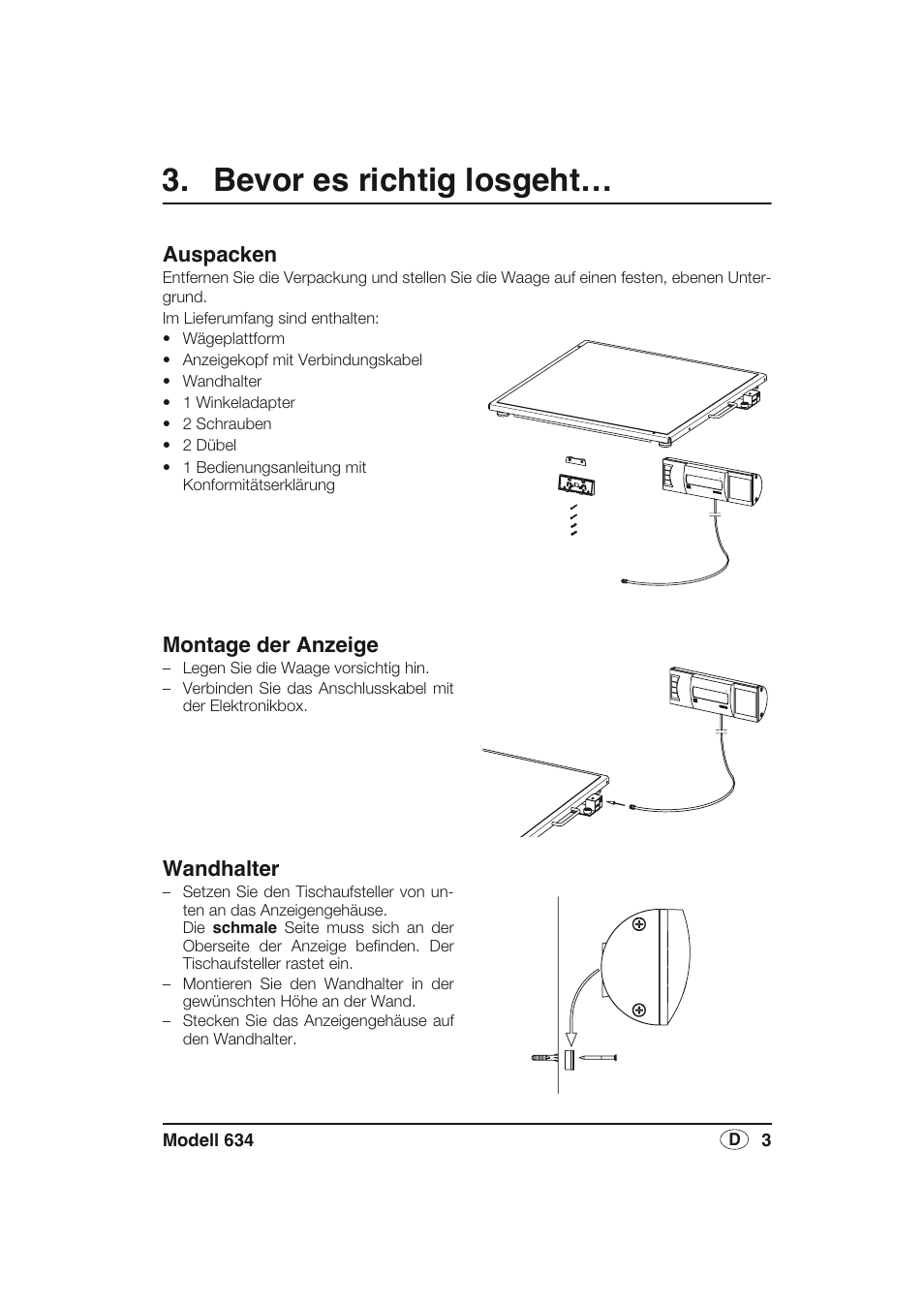Bevor es richtig losgeht, Auspacken, Montage der anzeige | Wandhalter | Seca 634 User Manual | Page 3 / 77