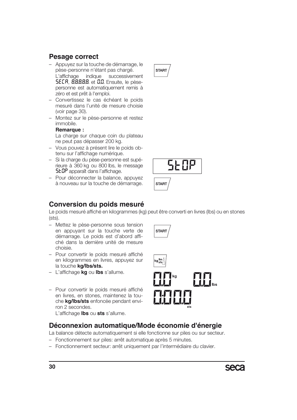 Pesage correct, Conversion du poids mesuré, Déconnexion automatique/mode économie d'énergie | Seca 634 User Manual | Page 30 / 77