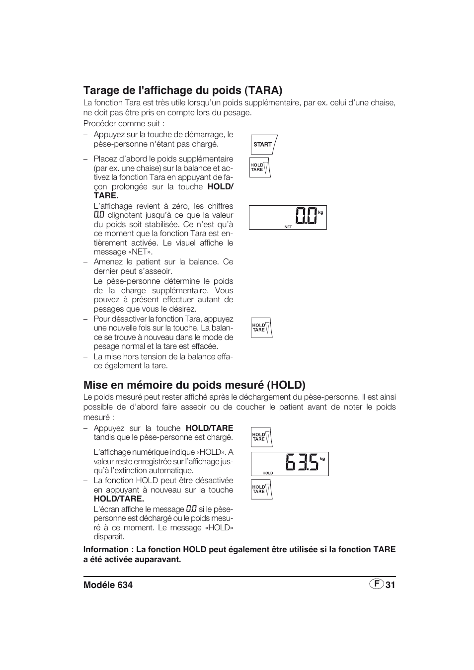 Tarage de l'affichage du poids (tara), Mise en mémoire du poids mesuré (hold) | Seca 634 User Manual | Page 31 / 77