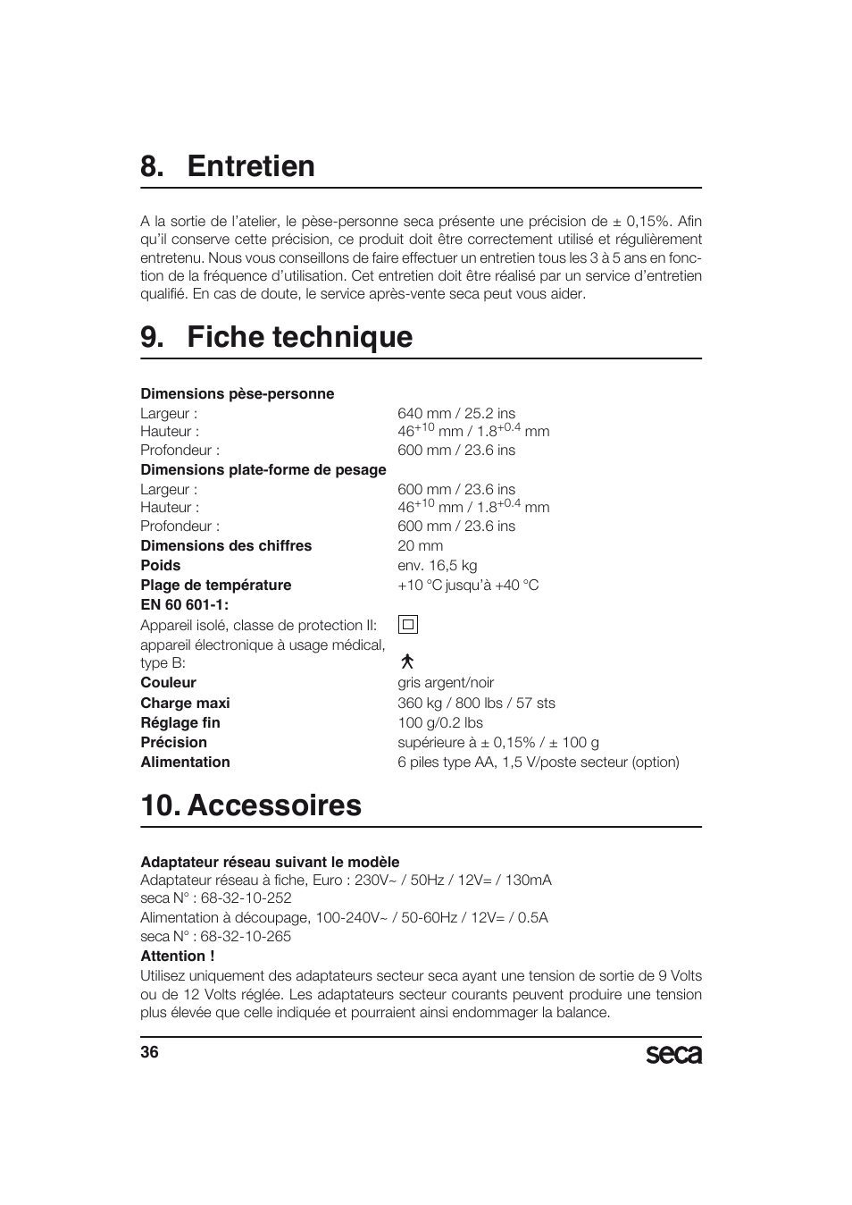 Entretien, Fiche technique, Accessoires | Seca 634 User Manual | Page 36 / 77
