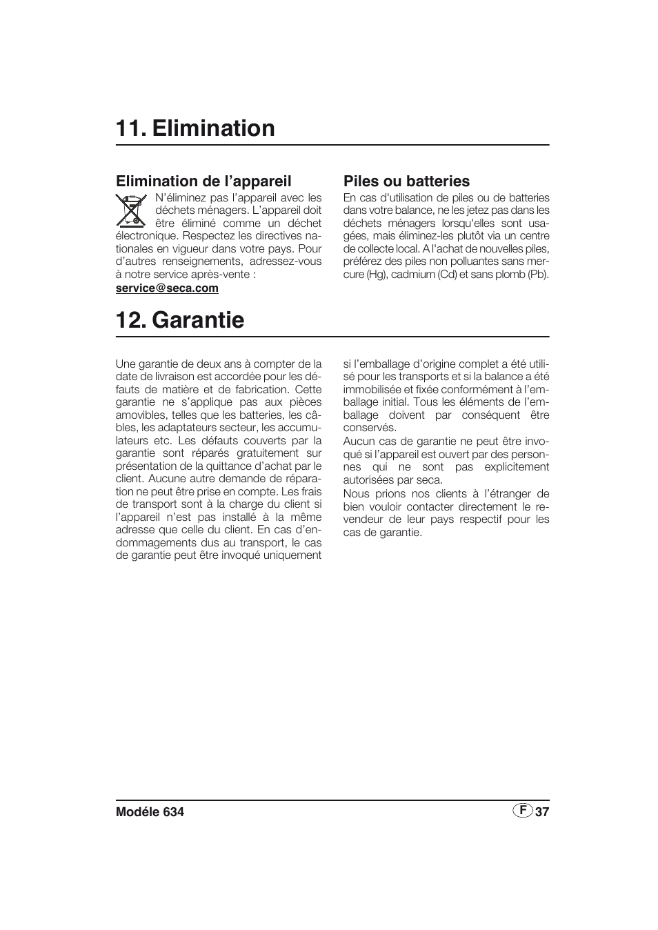 Elimination, Piles ou batteries, Garantie | Elimination de l’appareil | Seca 634 User Manual | Page 37 / 77