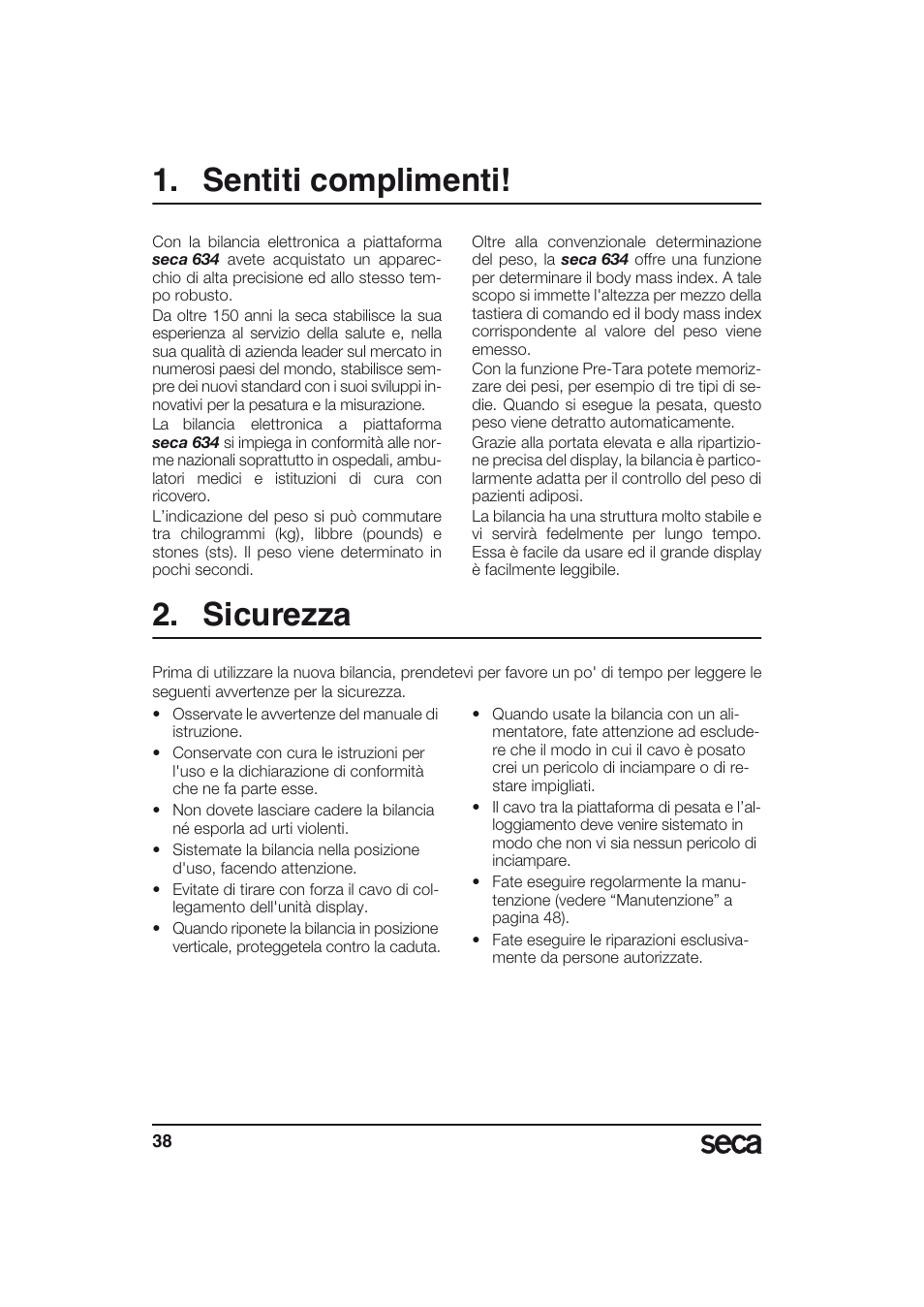 Italianlo, Sentiti complimenti, Sicurezza | Seca 634 User Manual | Page 38 / 77