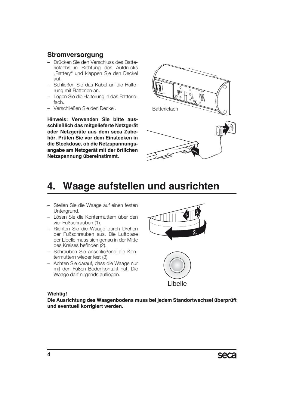 Waage aufstellen und ausrichten, Stromversorgung, Libelle | Seca 634 User Manual | Page 4 / 77