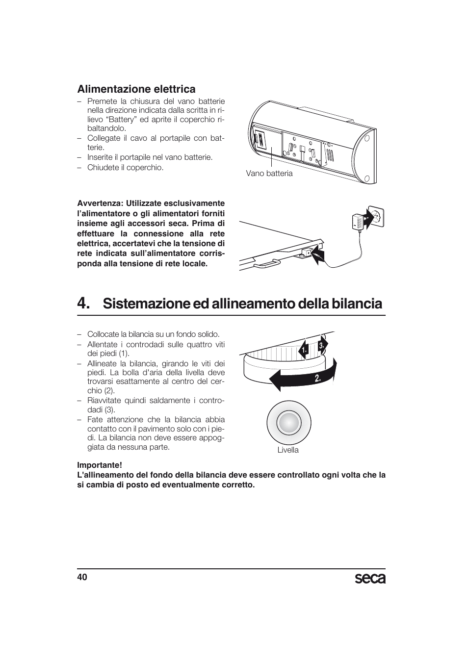 Sistemazione ed allineamento della bilancia, Alimentazione elettrica, Libelle | Seca 634 User Manual | Page 40 / 77