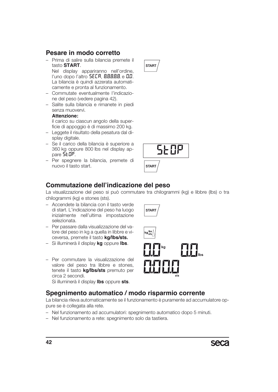 Pesare in modo corretto, Commutazione dell’indicazione del peso, Spegnimento automatico / modo risparmio corrente | Seca 634 User Manual | Page 42 / 77