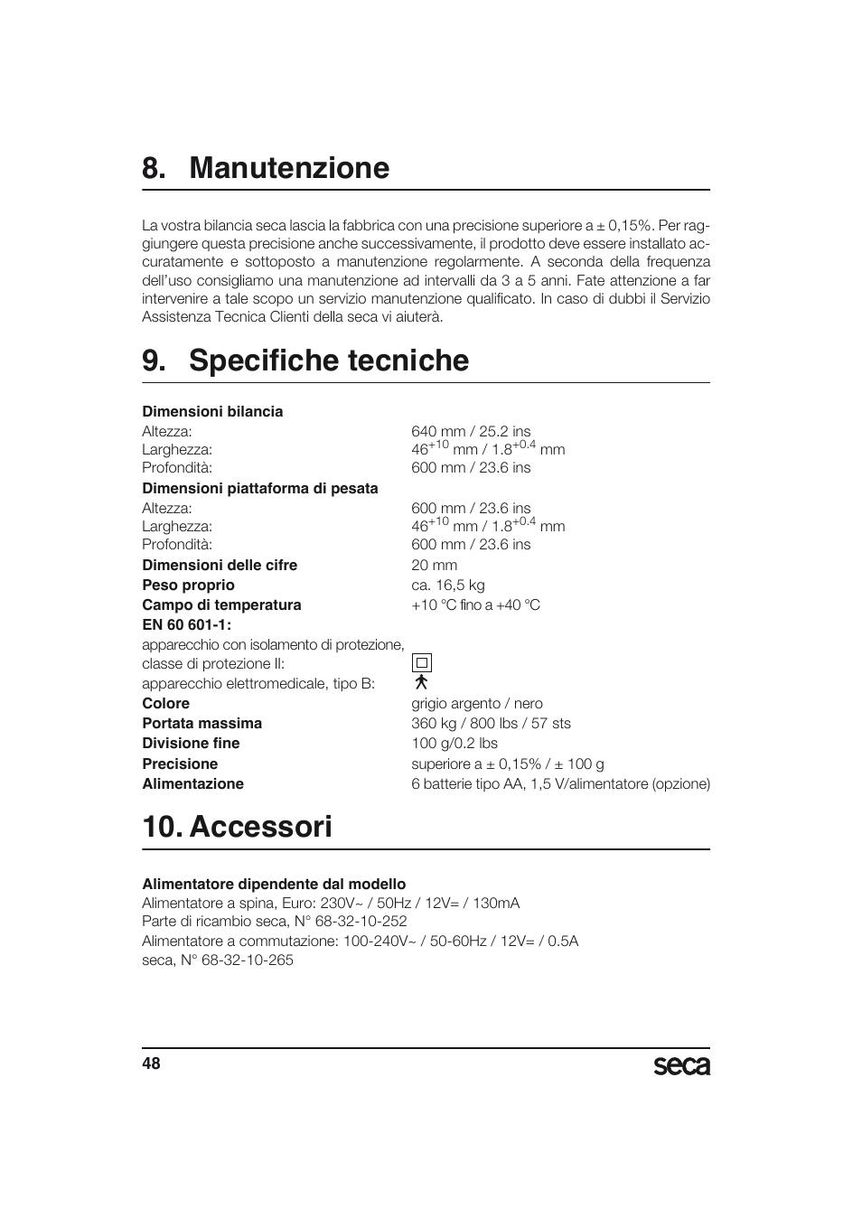 Manutenzione, Specifiche tecniche, Accessori | Seca 634 User Manual | Page 48 / 77