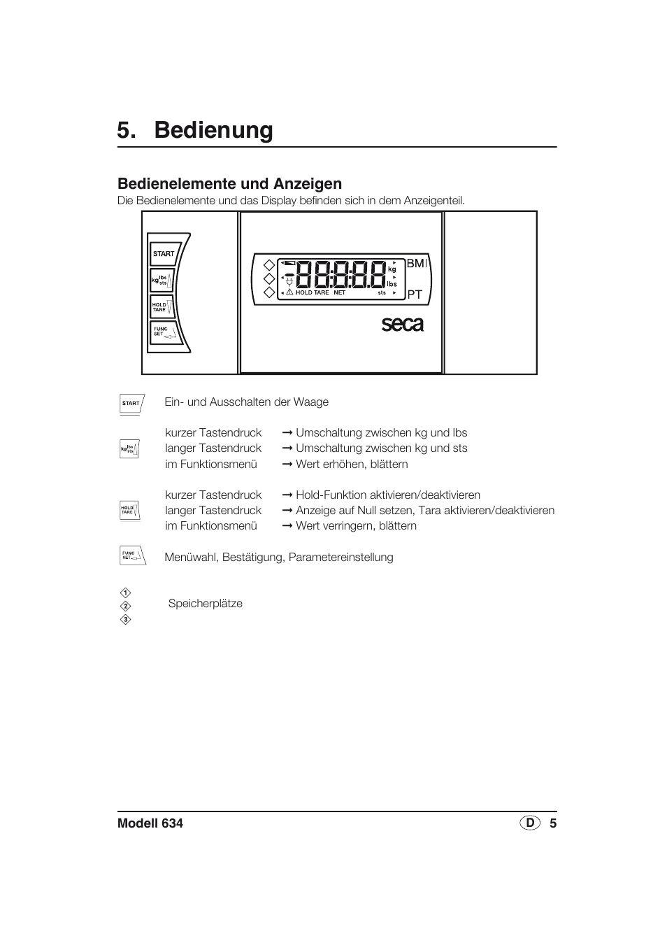 Bedienung, Bedienelemente und anzeigen | Seca 634 User Manual | Page 5 / 77
