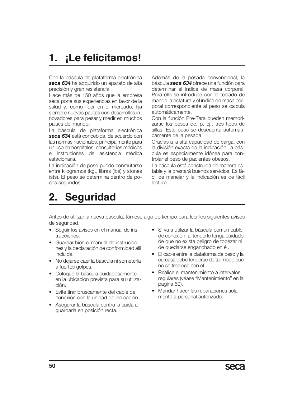 Español, ¡le felicitamos, Seguridad | Seca 634 User Manual | Page 50 / 77