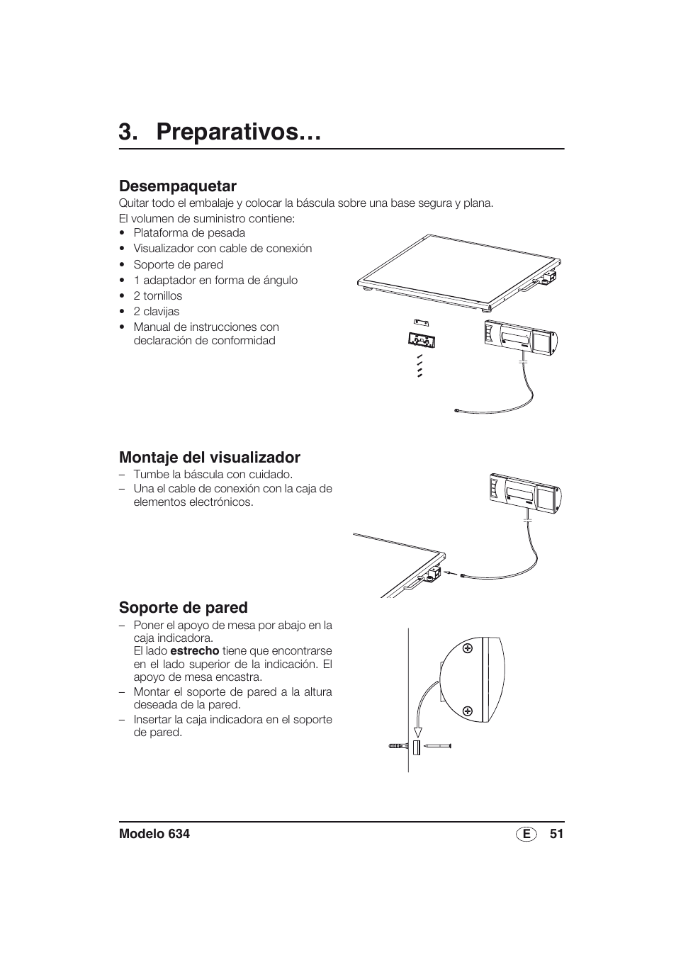 Preparativos, Desempaquetar, Montaje del visualizador | Soporte de pared | Seca 634 User Manual | Page 51 / 77