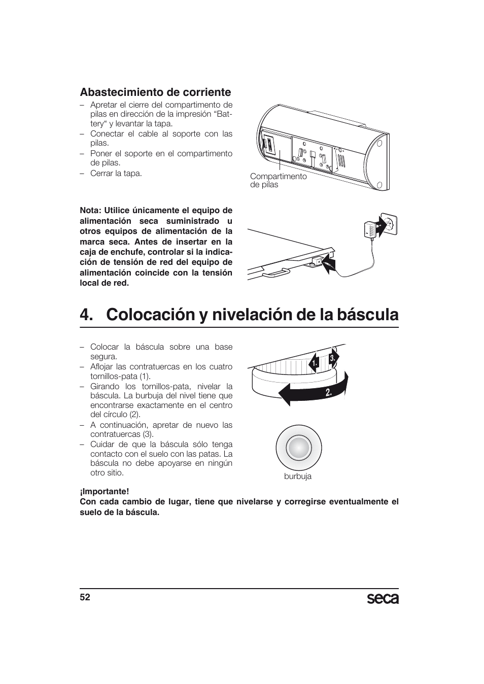 Colocación y nivelación de la báscula, Abastecimiento de corriente, Libelle | Seca 634 User Manual | Page 52 / 77