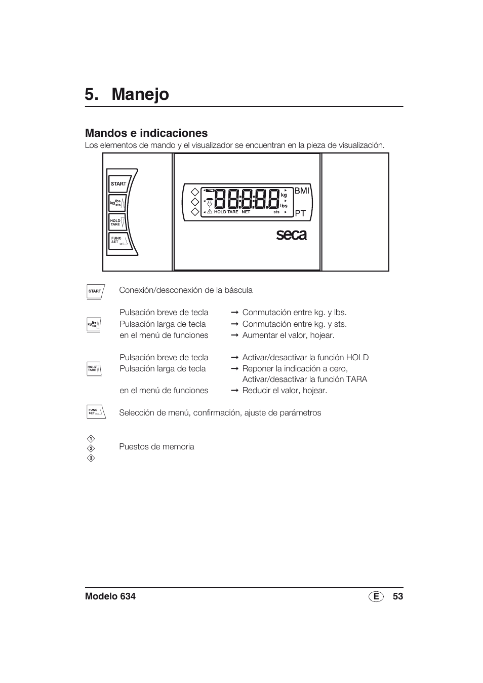 Manejo, Mandos e indicaciones | Seca 634 User Manual | Page 53 / 77