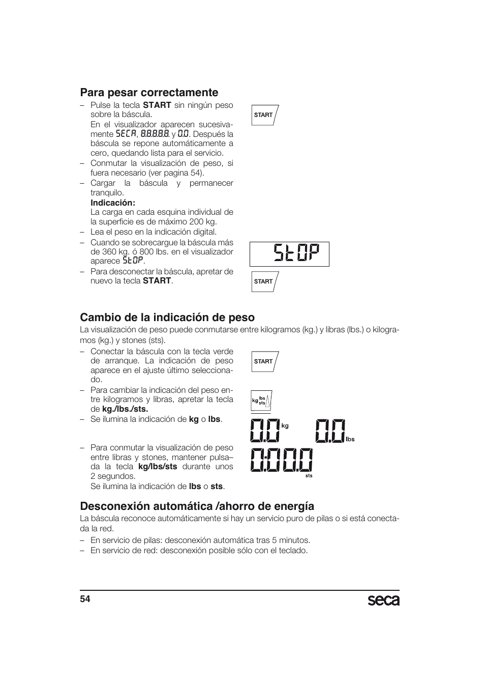 Para pesar correctamente, Cambio de la indicación de peso, Desconexión automática /ahorro de energía | Seca 634 User Manual | Page 54 / 77