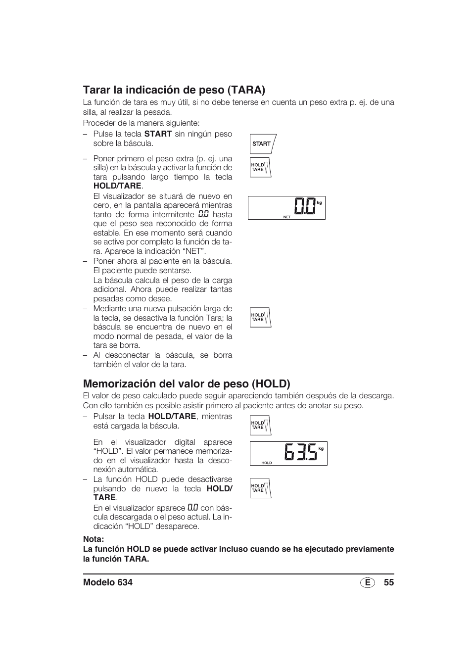 Tarar la indicación de peso (tara), Memorización del valor de peso (hold) | Seca 634 User Manual | Page 55 / 77
