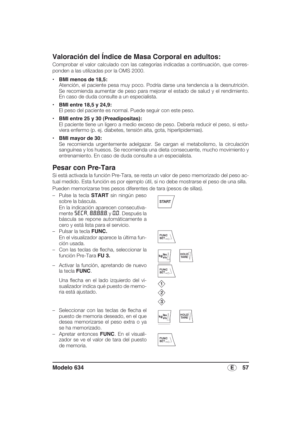 Valoración del índice de masa corporal en adultos, Pesar con pre-tara | Seca 634 User Manual | Page 57 / 77