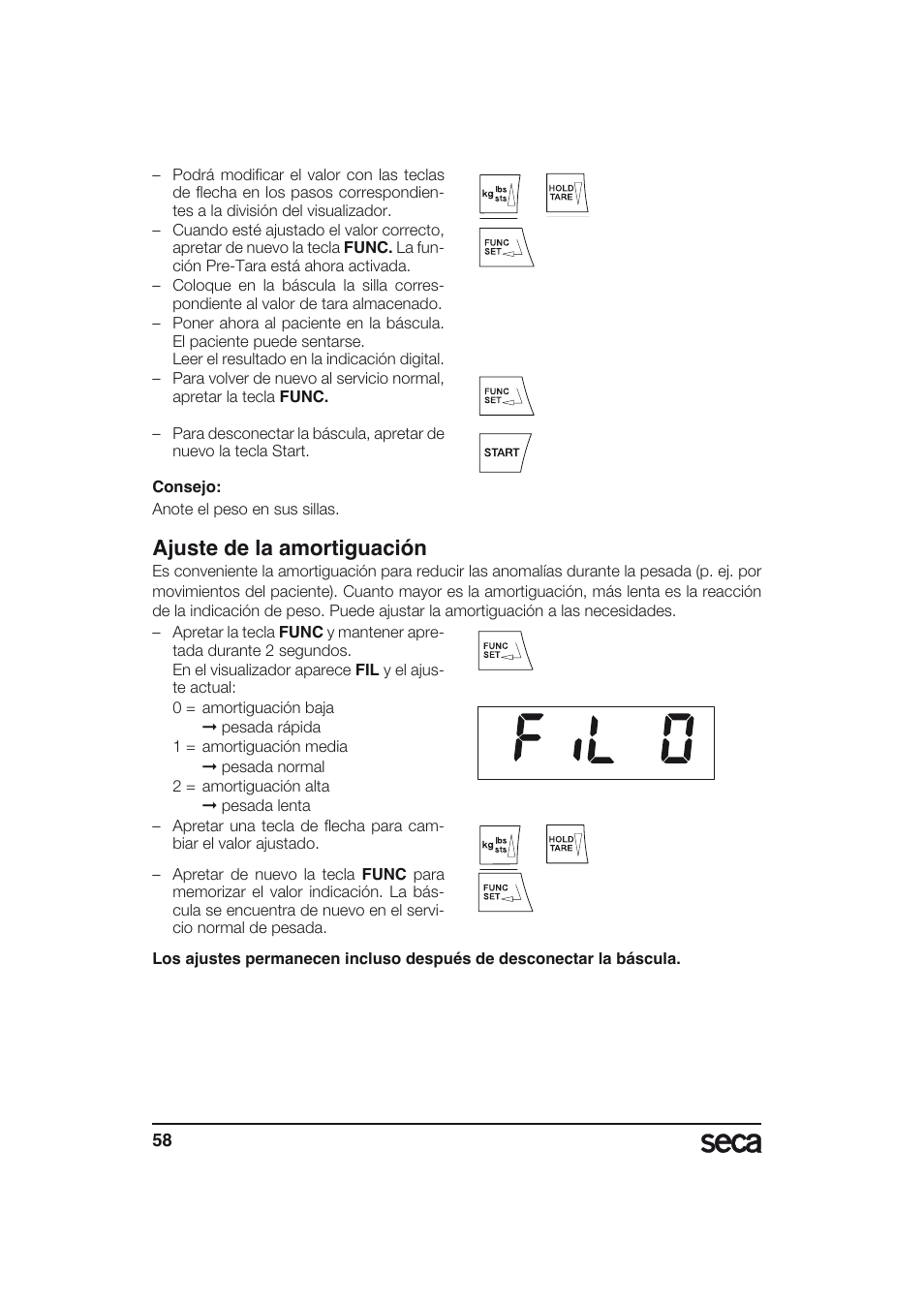 Ajuste de la amortiguación | Seca 634 User Manual | Page 58 / 77