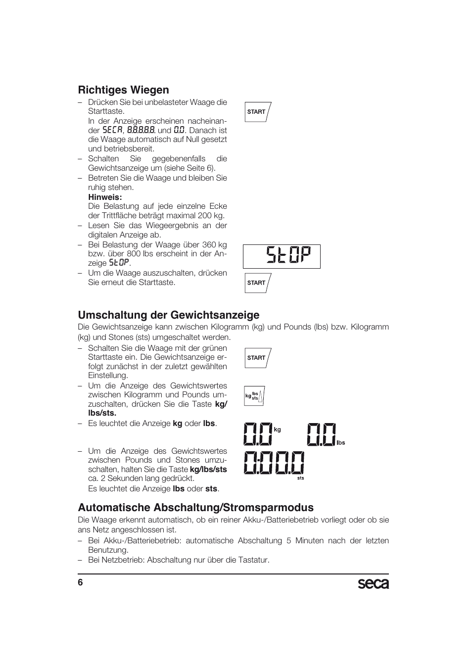 Richtiges wiegen, Umschaltung der gewichtsanzeige, Automatische abschaltung/stromsparmodus | Seca 634 User Manual | Page 6 / 77