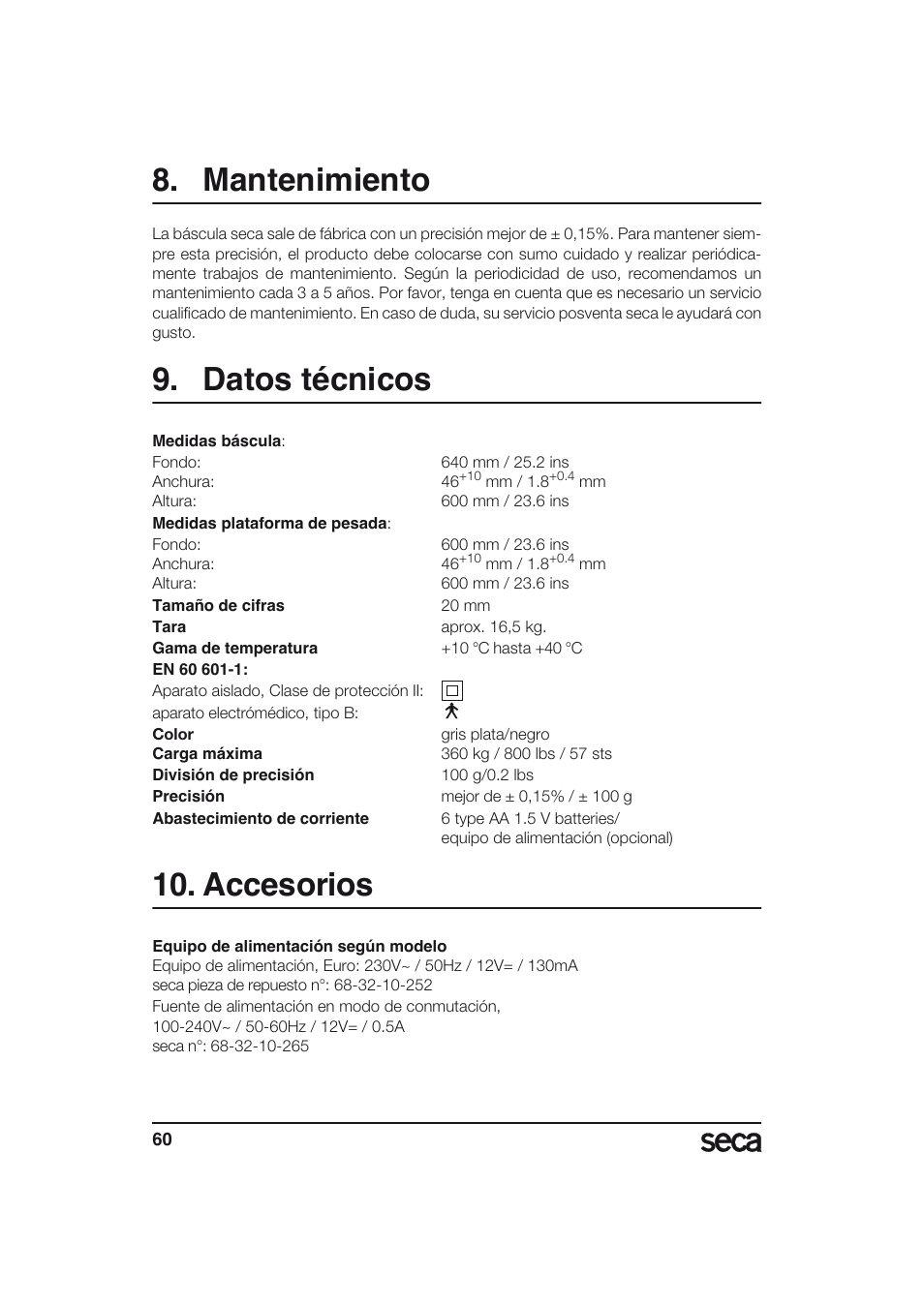 Mantenimiento, Datos técnicos, Accesorios | Seca 634 User Manual | Page 60 / 77