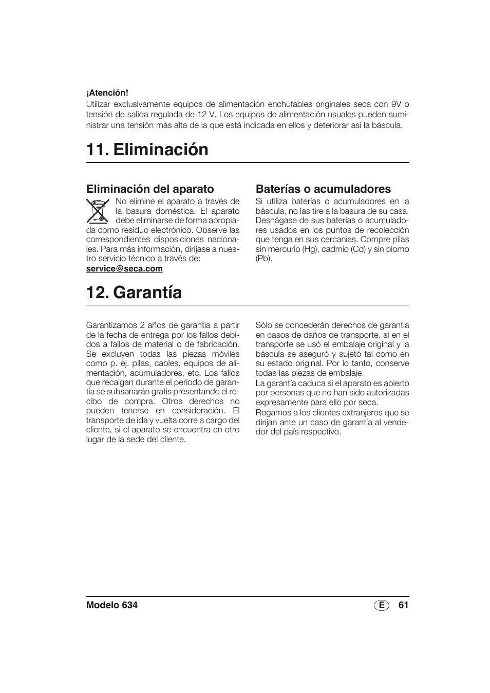 Eliminación, Baterías o acumuladores, Garantía | Eliminación del aparato | Seca 634 User Manual | Page 61 / 77