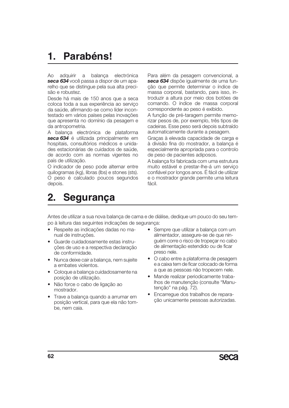 Português, Parabéns, Segurança | Seca 634 User Manual | Page 62 / 77