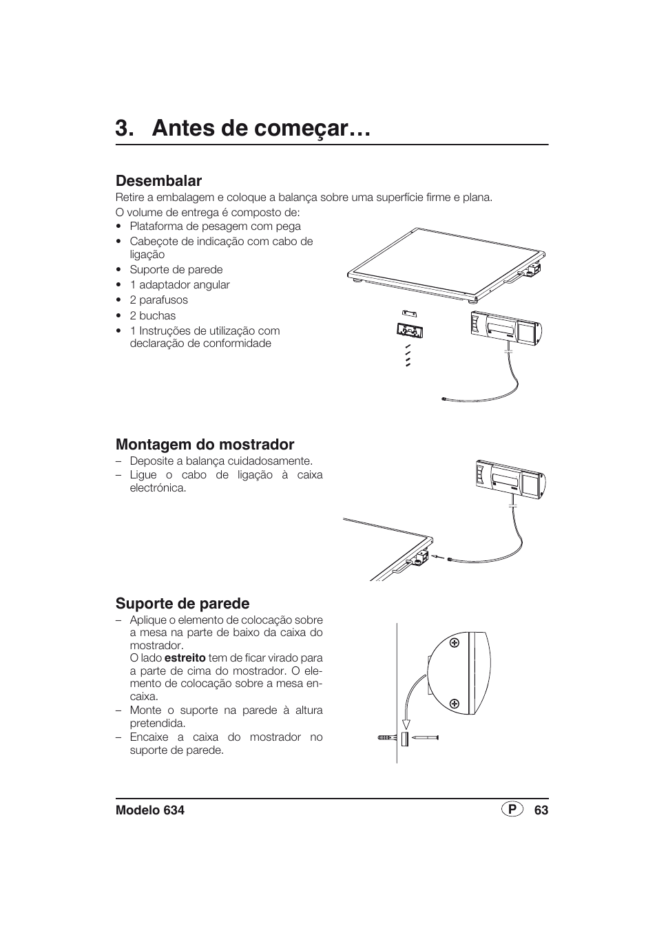 Antes de começar, Desembalar, Montagem do mostrador | Suporte de parede | Seca 634 User Manual | Page 63 / 77
