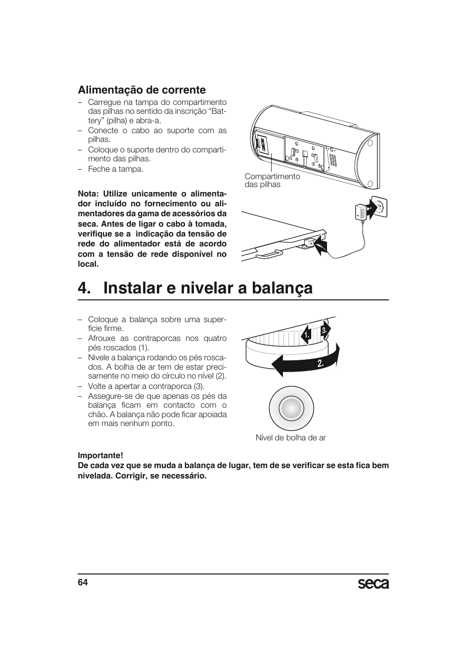 Instalar e nivelar a balança, Alimentação de corrente, Libelle | Seca 634 User Manual | Page 64 / 77
