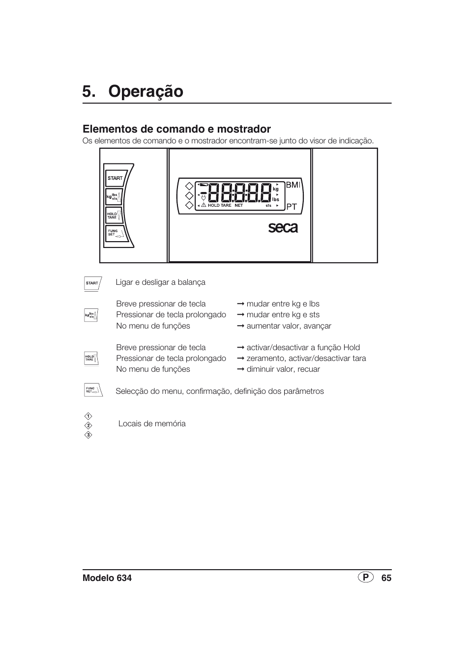 Operação, Elementos de comando e mostrador | Seca 634 User Manual | Page 65 / 77