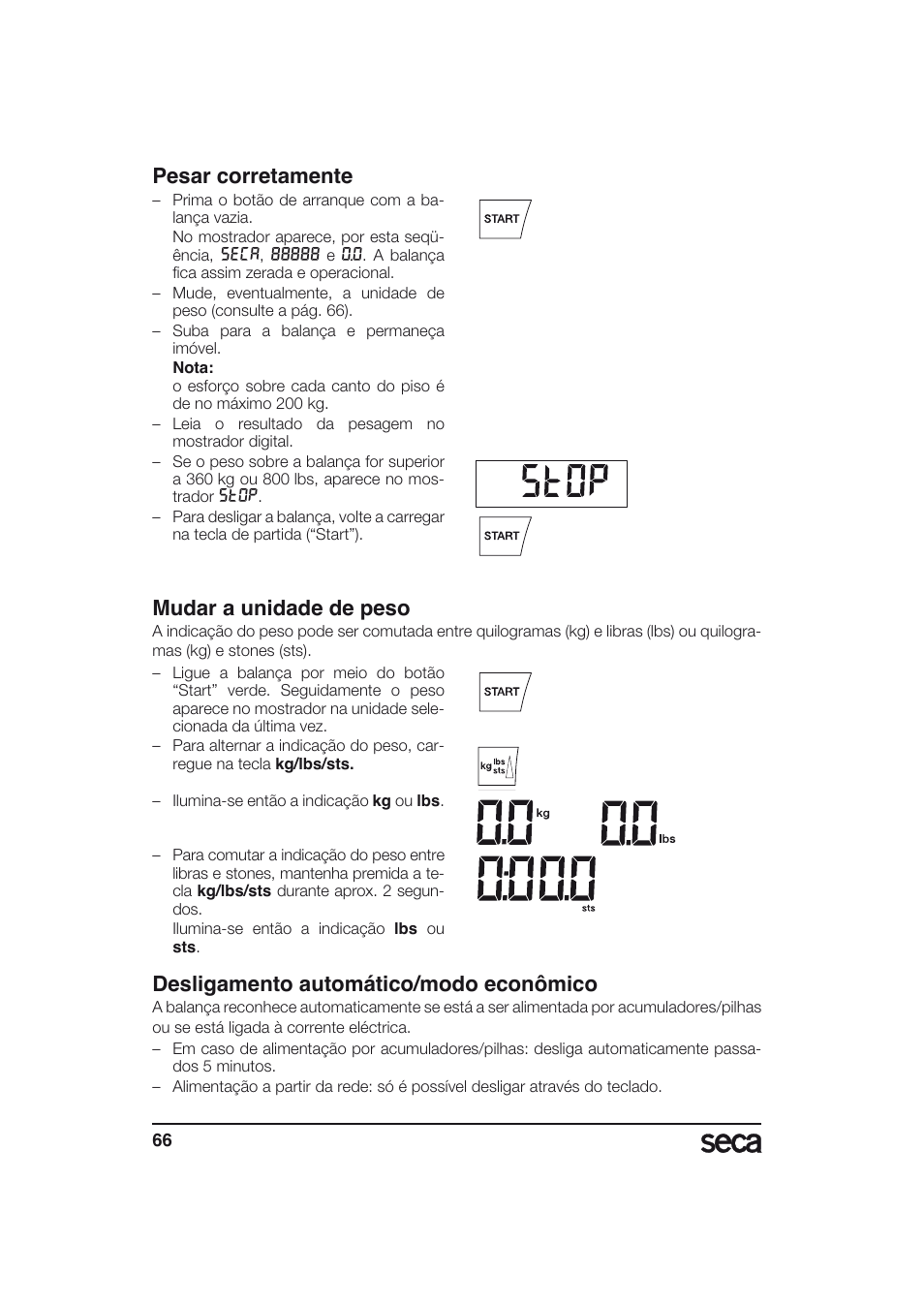 Pesar corretamente, Mudar a unidade de peso, Desligamento automático/modo econômico | Seca 634 User Manual | Page 66 / 77
