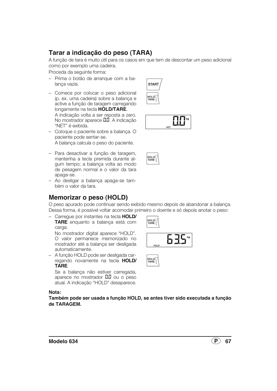 Tarar a indicação do peso (tara), Memorizar o peso (hold) | Seca 634 User Manual | Page 67 / 77