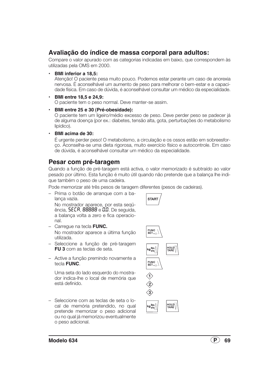 Avaliação do índice de massa corporal para adultos, Pesar com pré-taragem | Seca 634 User Manual | Page 69 / 77