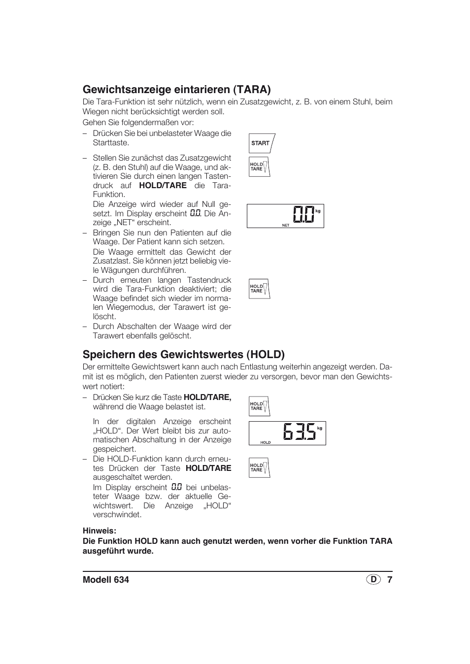 Gewichtsanzeige eintarieren (tara), Speichern des gewichtswertes (hold) | Seca 634 User Manual | Page 7 / 77