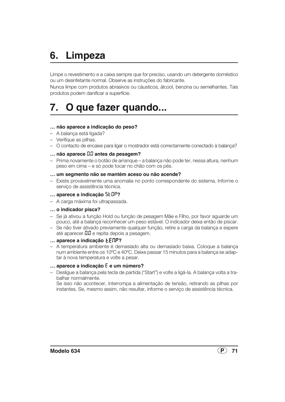 Limpeza, O que fazer quando | Seca 634 User Manual | Page 71 / 77