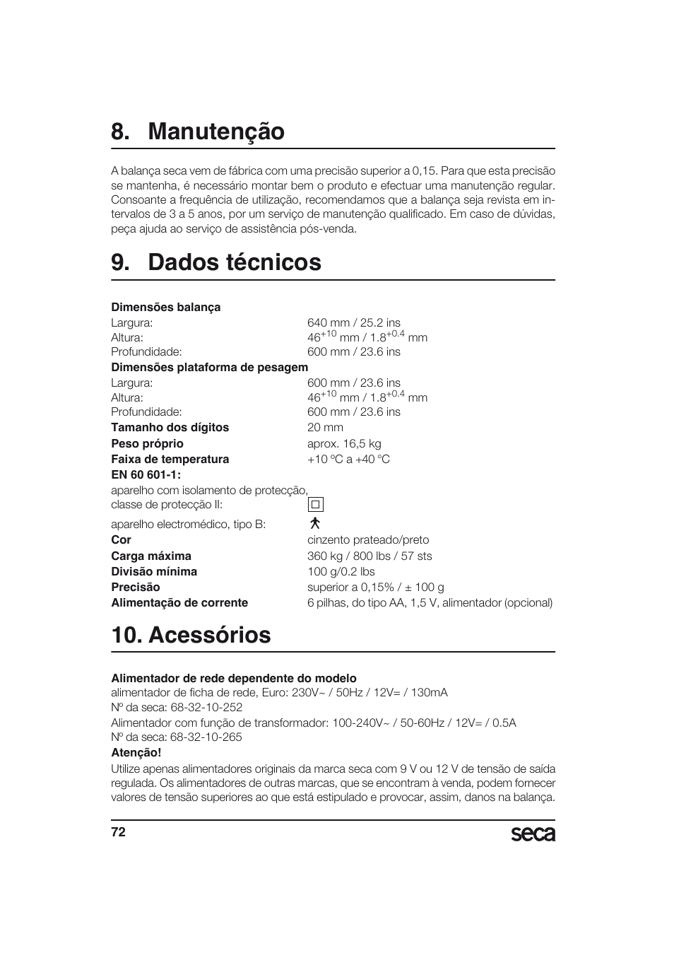Manutenção, Dados técnicos, Acessórios | Seca 634 User Manual | Page 72 / 77
