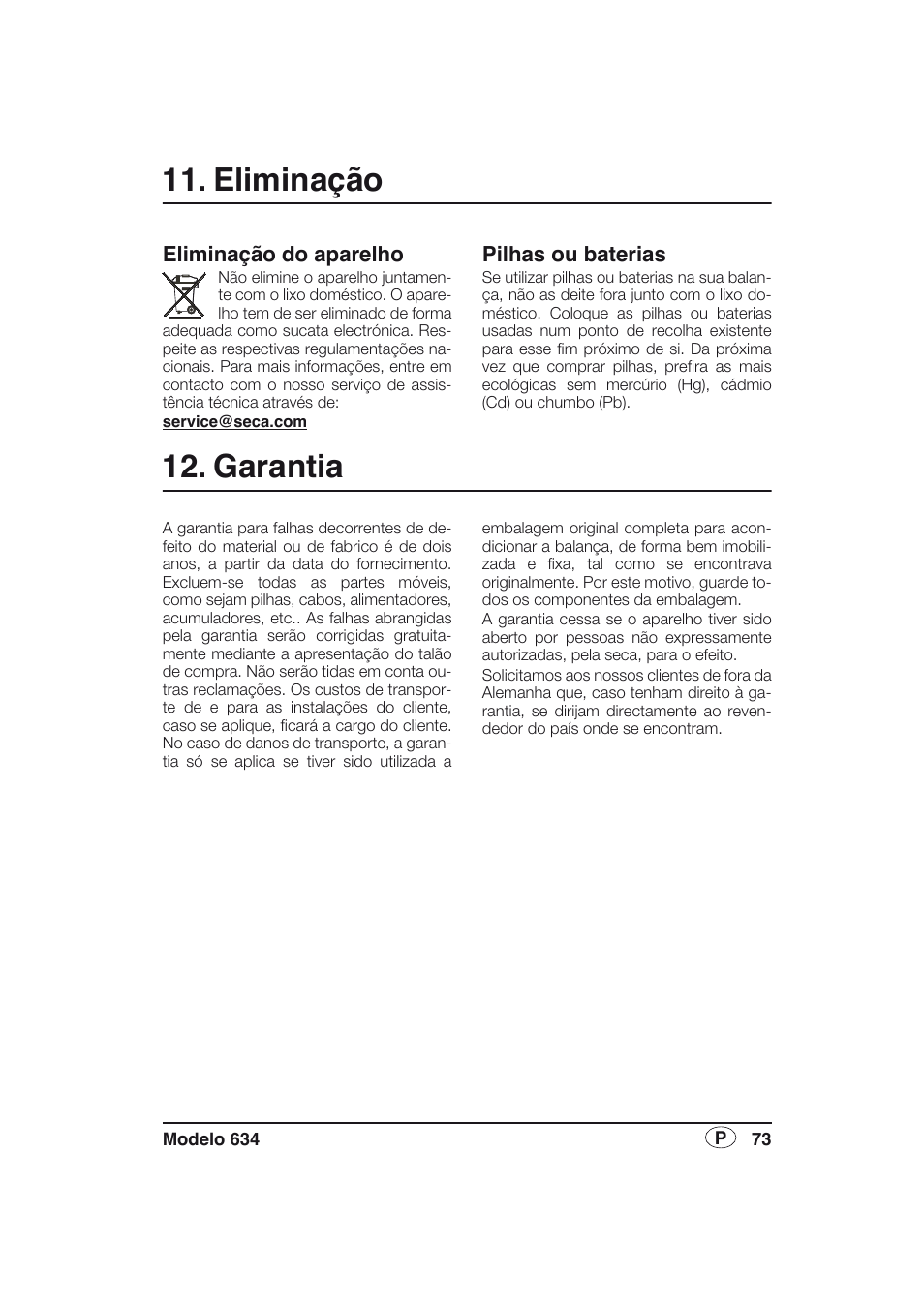 Eliminação, Pilhas ou baterias, Garantia | Eliminação do aparelho | Seca 634 User Manual | Page 73 / 77