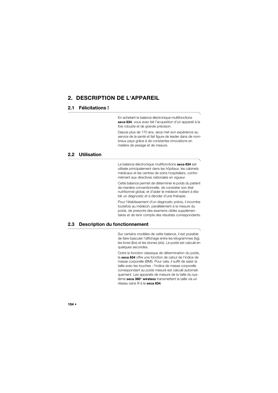 Description de l'appareil, 1 félicitations, 2 utilisation | 3 description du fonctionnement | Seca 634 User Manual | Page 104 / 363