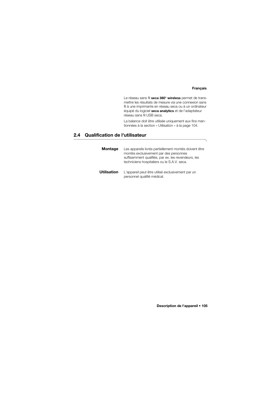 4 qualification de l'utilisateur, Montage, Utilisation | Seca 634 User Manual | Page 105 / 363