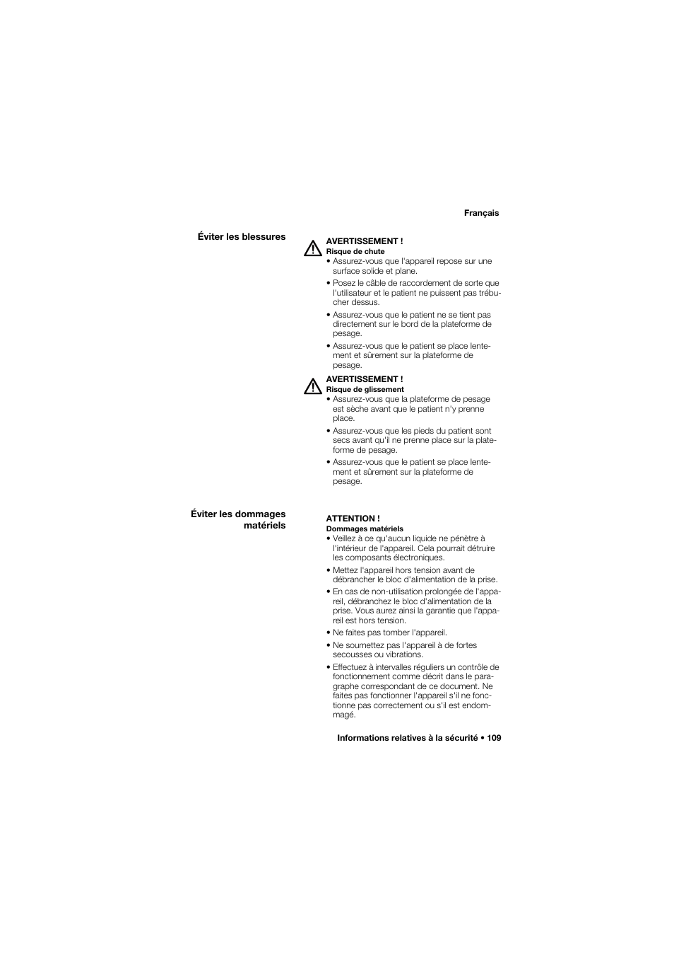 Éviter les blessures, Éviter les dommages matériels | Seca 634 User Manual | Page 109 / 363