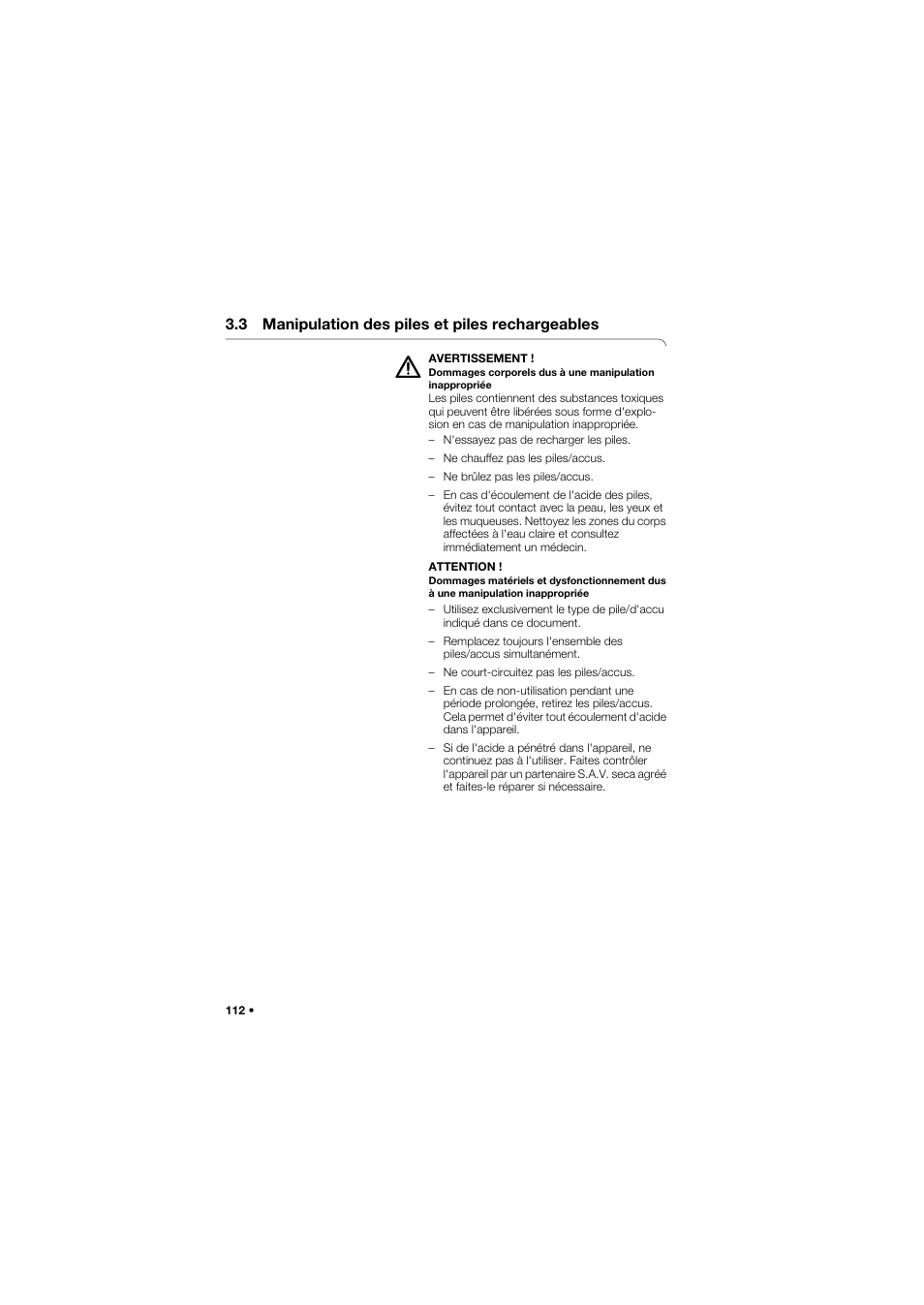 3 manipulation des piles et piles rechargeables | Seca 634 User Manual | Page 112 / 363