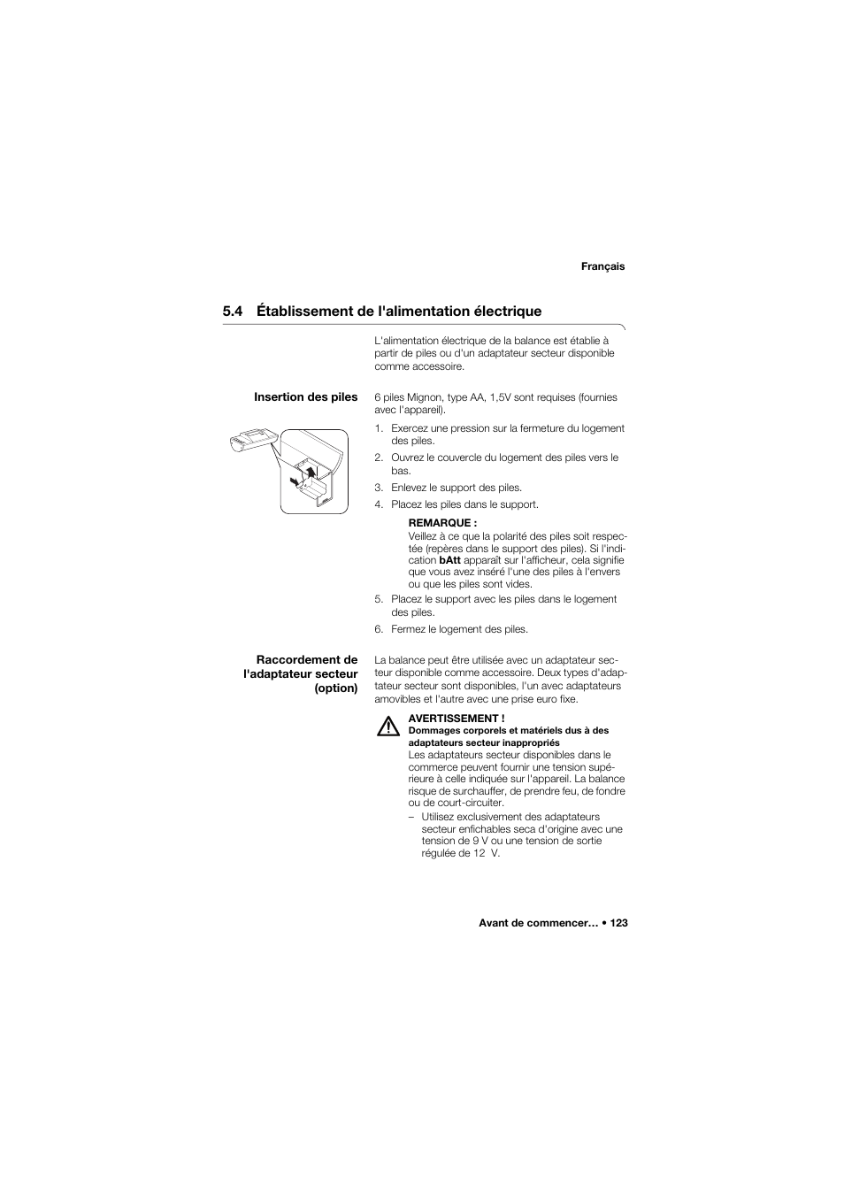 4 établissement de l'alimentation électrique, Insertion des piles | Seca 634 User Manual | Page 123 / 363