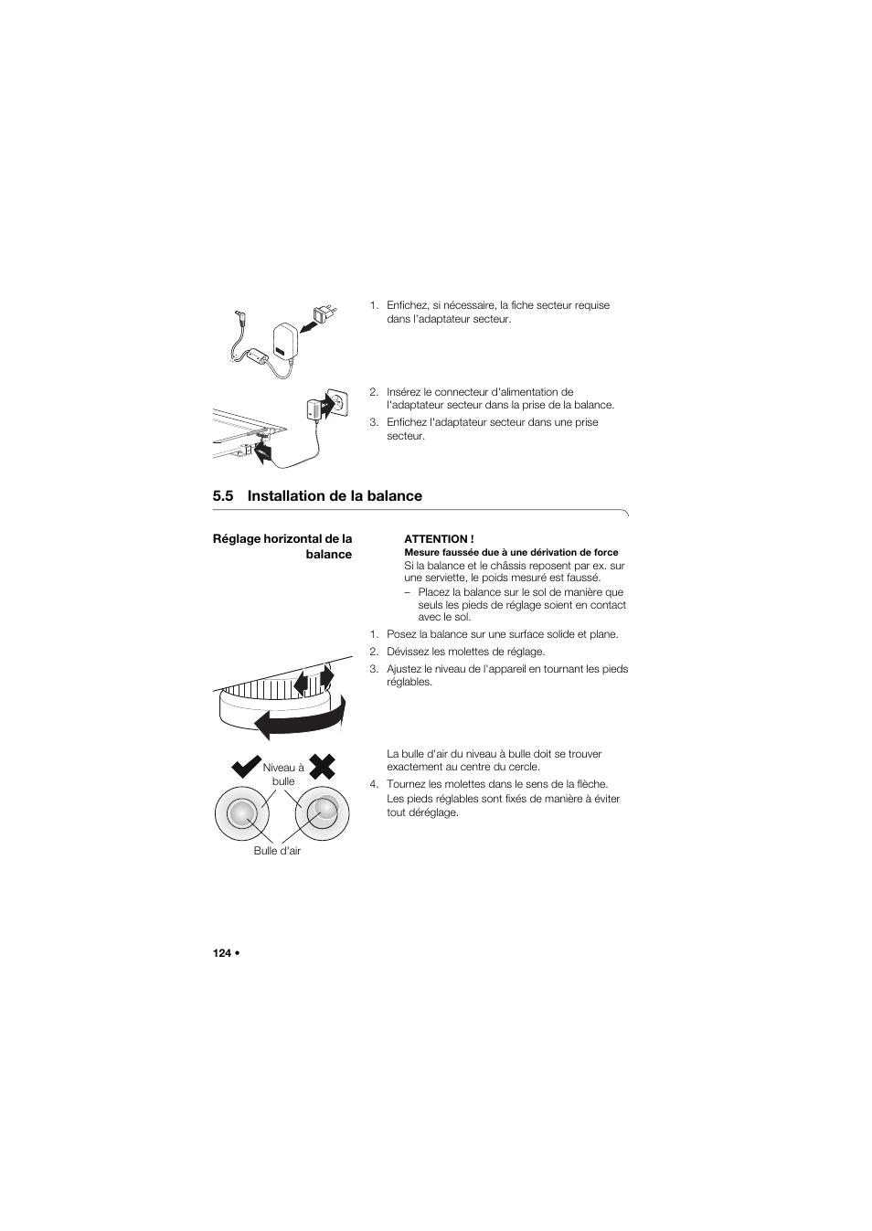 5 installation de la balance, Réglage horizontal de la balance | Seca 634 User Manual | Page 124 / 363