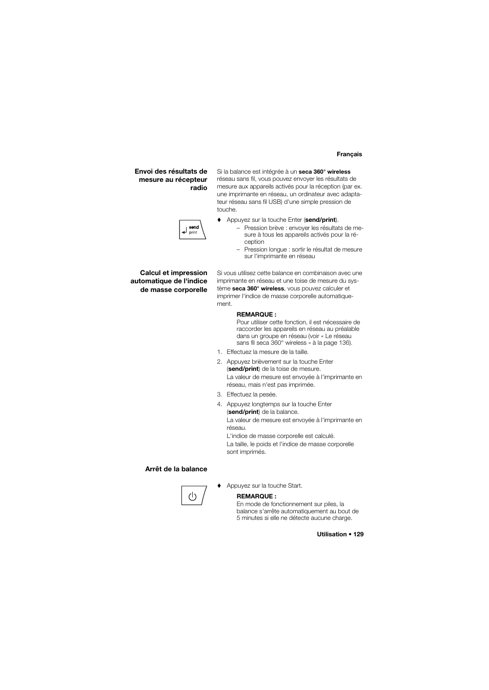 Envoi des résultats de mesure au récepteur radio, Arrêt de la balance | Seca 634 User Manual | Page 129 / 363