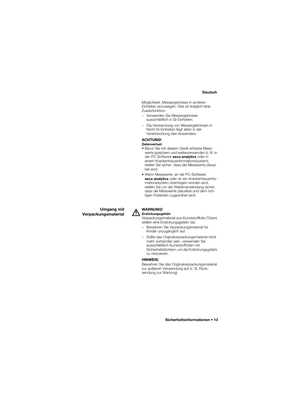 Umgang mit verpackungsmaterial | Seca 634 User Manual | Page 13 / 363