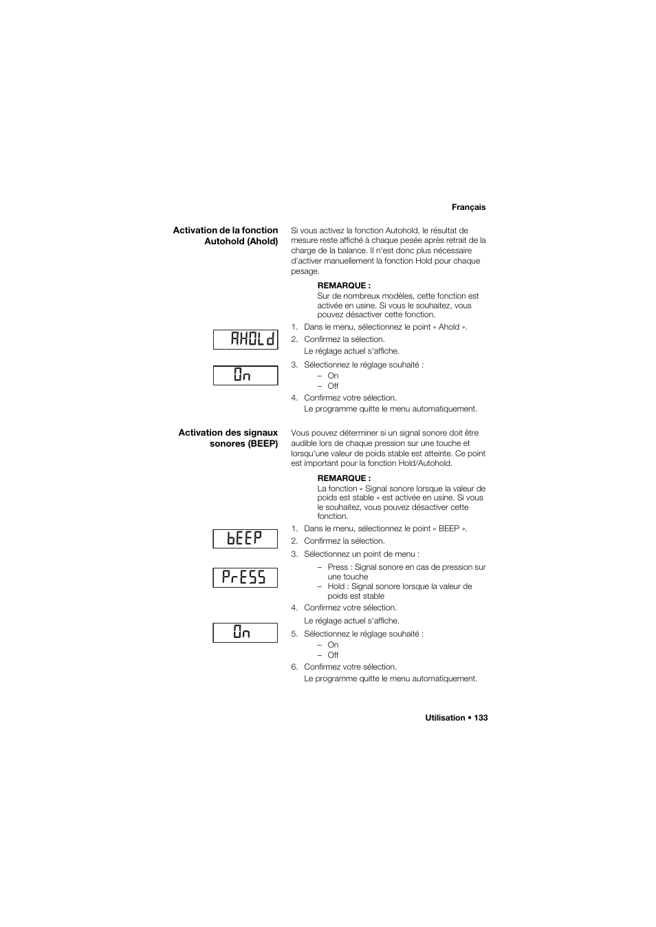 Activation de la fonction autohold (ahold), Activation des signaux sonores (beep) | Seca 634 User Manual | Page 133 / 363