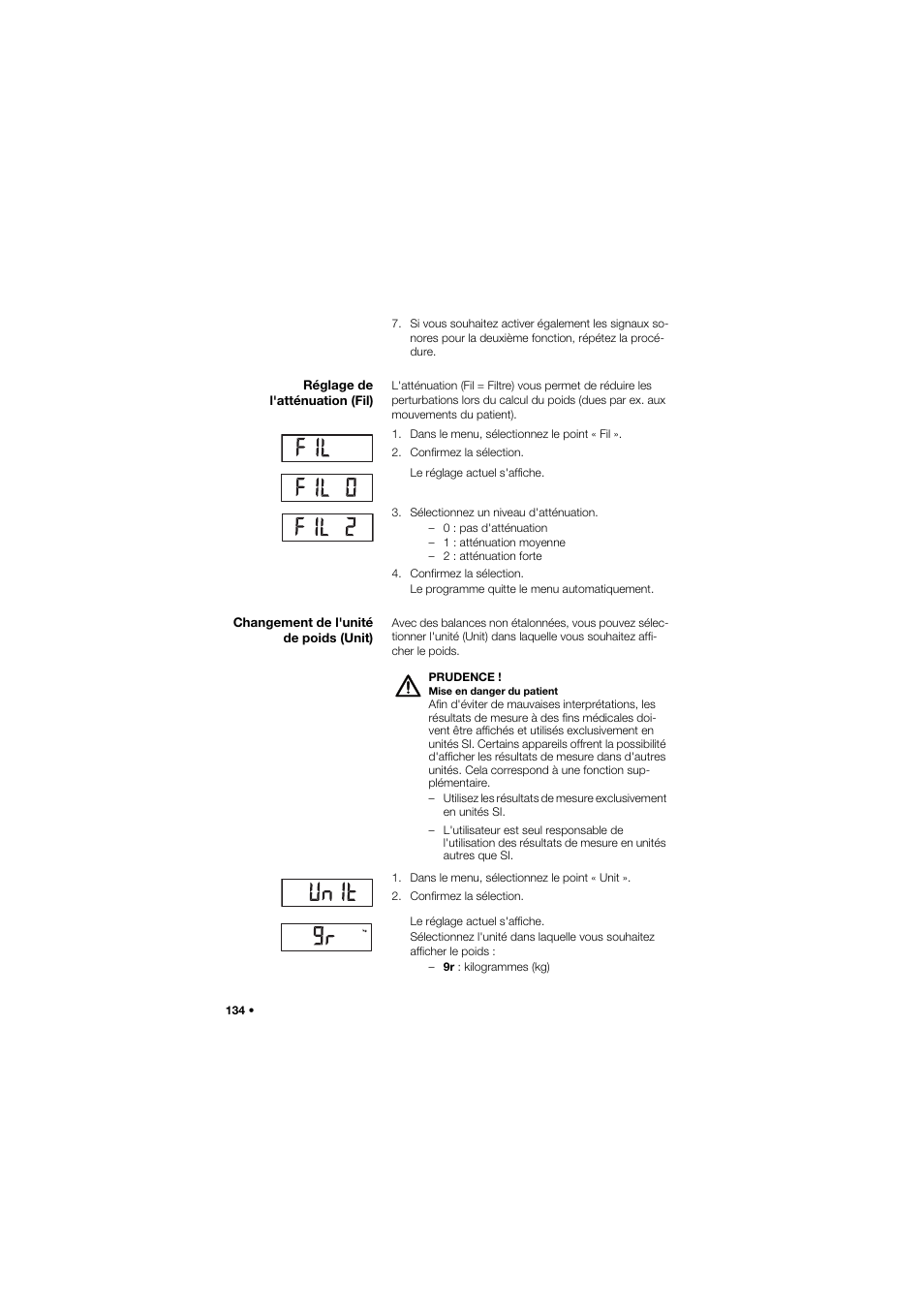 Réglage de l'atténuation (fil), Changement de l'unité de poids (unit) | Seca 634 User Manual | Page 134 / 363