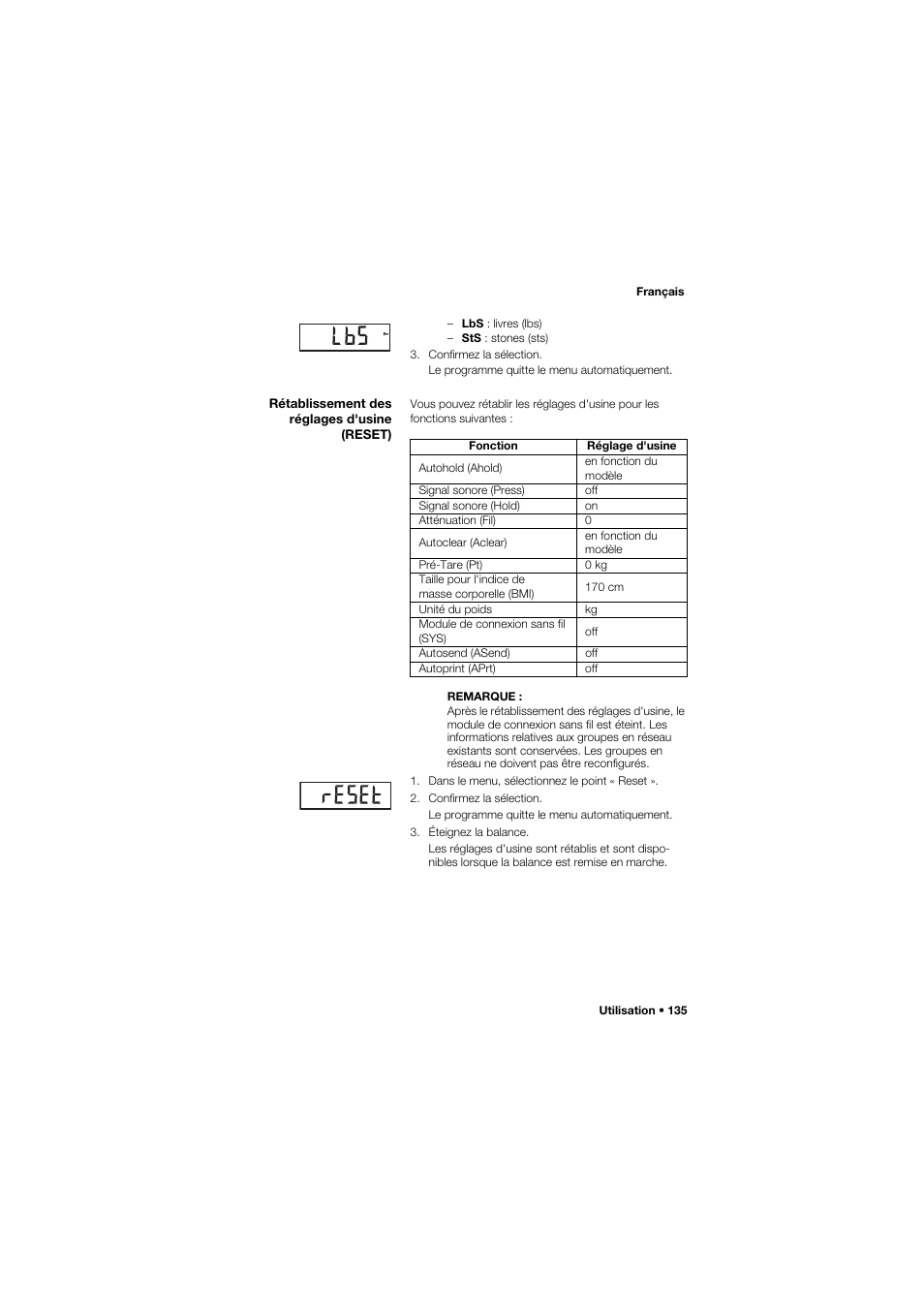 Rétablissement des réglages d'usine (reset) | Seca 634 User Manual | Page 135 / 363