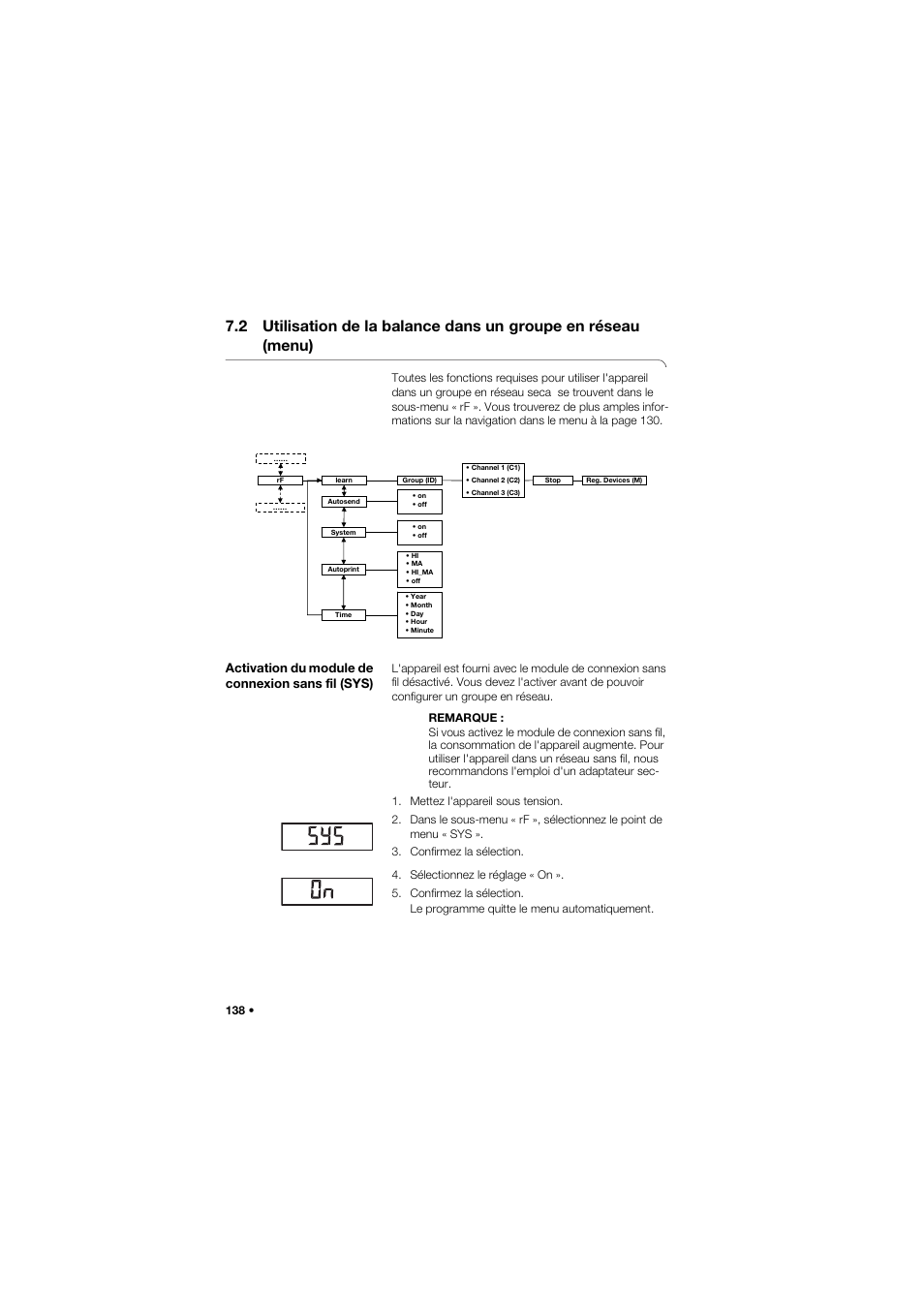 Activation du module de connexion sans fil (sys), 2 utilisation de la balance dans un, Groupe en réseau (menu) | Seca 634 User Manual | Page 138 / 363