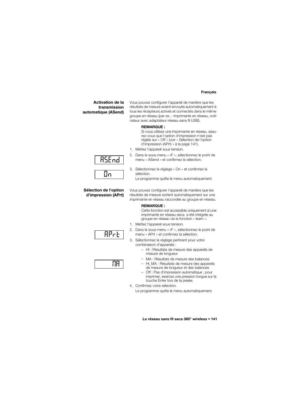 Activation de la transmission automatique (asend), Sélection de l'option d'impression (aprt) | Seca 634 User Manual | Page 141 / 363