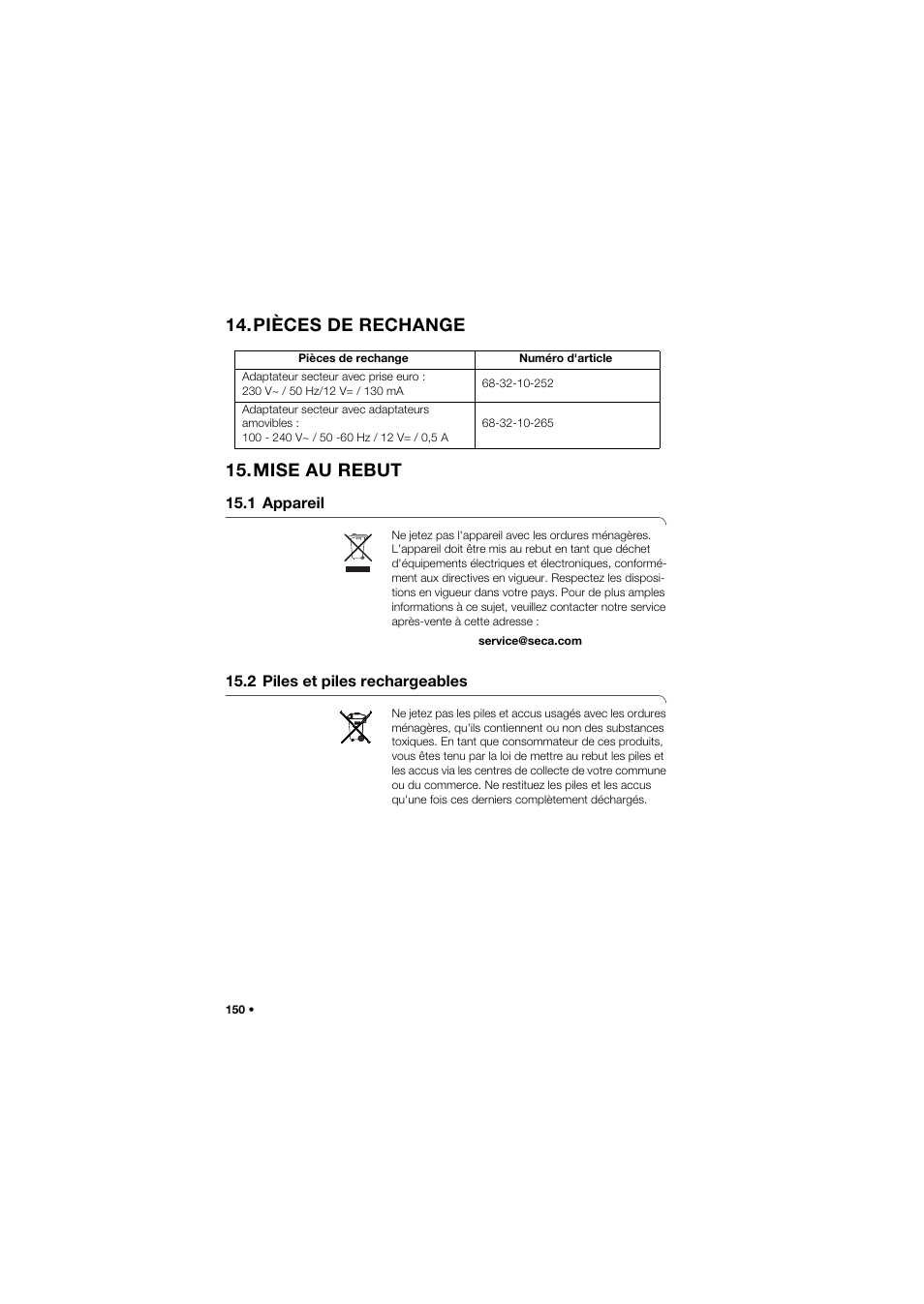 Pièces de rechange, Mise au rebut, 1 appareil | 2 piles et piles rechargeables, Pièces de rechange 15.mise au rebut | Seca 634 User Manual | Page 150 / 363