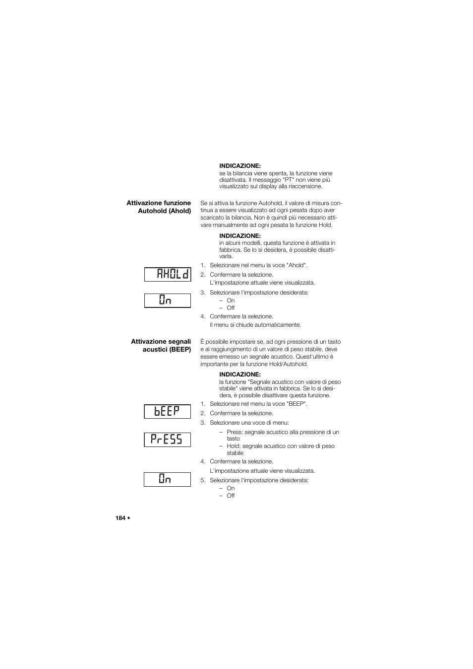 Attivazione funzione autohold (ahold), Attivazione segnali acustici (beep) | Seca 634 User Manual | Page 184 / 363