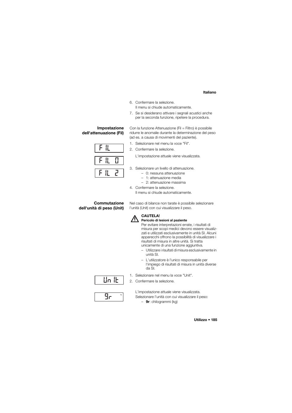 Impostazione dell'attenuazione (fil), Commutazione dell'unità di peso (unit) | Seca 634 User Manual | Page 185 / 363